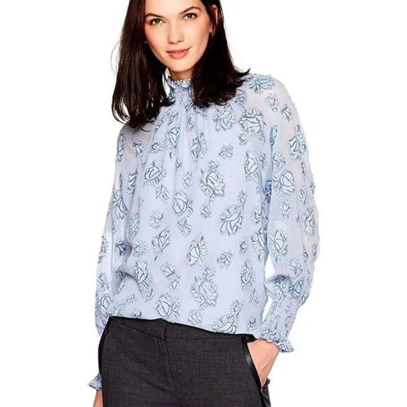 ✨Rebecca Taylor Smocked Neck Silk Rose Print Sz. 10 Blouse Light Blue Metallic✨ - Picture 1 of 14